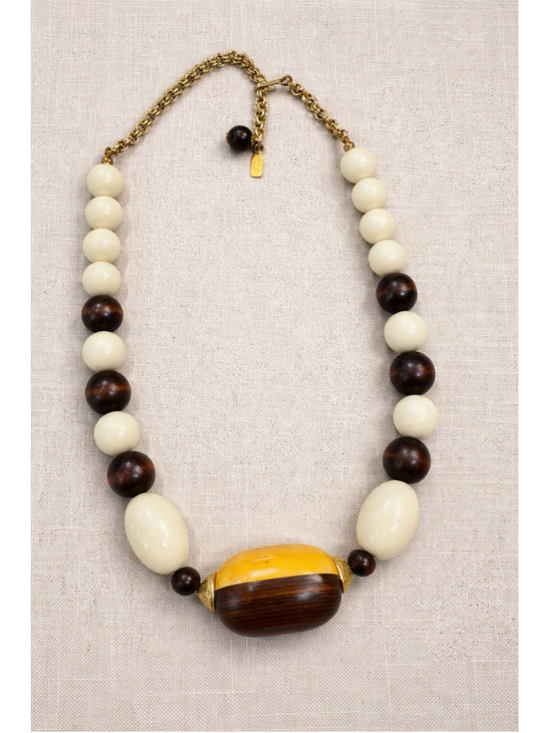 Lane Jewelry - Kenneth Lane 23” Vintage Beaded Statement Necklace Cream Brown Gold Tone